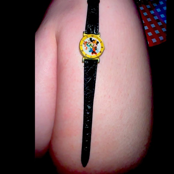 Vintage Mickey & Mini Mouse Black Genuine Leather Watch - Picture 2 of 4
